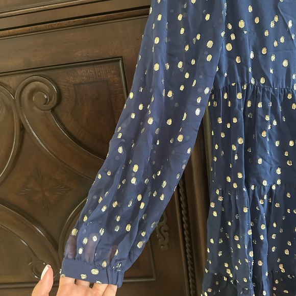 Lilly Pulitzer Sarita Silk Dress Size 2 High Tide Navy Gold Metallic Silk Clip - Picture 3 of 6